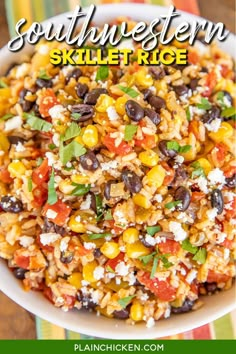 southwestern skillet rice with black beans and corn in a white bowl on top of a colorful table cloth