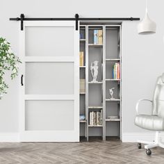 a white chair sitting in front of an open bookcase next to a potted plant