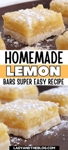 homemade lemon bars with sugar on top and the title above it is an easy recipe