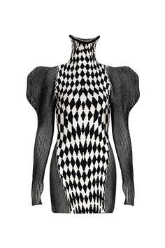 Description:You deserve all the spotlight in high-end knitted dresses from our boutique! With an eye-catching high neck and puffy sleeves that exude rich British vibes, combined with a striking black-and-white rhombus pattern and vertical stripes, this designer sweater dress is like stepping into Alice's story world. Your sexy, fitted silhouette will make the brightest impression visually among the women at parties. When the chill hits, throw on a chic black coat to stay dramatic and slim. Slip Tshirt Ootd, Chic Black Outfits, Rhombus Pattern, Chic Sweatshirt, Statement Outfit, Outfits Retro, Party Mini Dress, Knitted Dresses, High Fashion Outfits