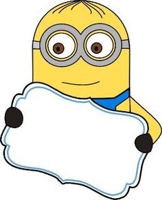 a cartoon minion holding a sign and wearing goggles with his eyes wide open