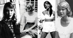 four different pictures of women in short skirts