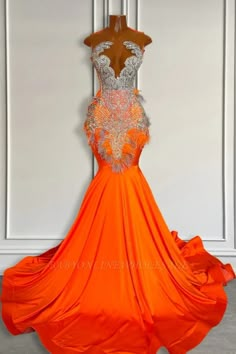 Court Train Prom Dress, Orange Mermaid, Best Formal Dresses, Orange Prom Dresses, Satin Prom Dresses, Gorgeous Prom Dresses, Senior Prom Dresses, Prom Dresses Sleeveless, Rose Bonbon