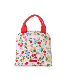 light pink lunch tote with all over cherry and flower print and red handles School Lunch Bag Satchel With Removable Pouch, Cute Multicolor Lunch Box For Everyday Use, Practical Lunch Bag With Zipper, Practical Lunch Bag With Zipper For Everyday, Back To School Portable Lunch Bag, Functional Tote Lunch Bag For School, Cute Portable Lunch Bag, Functional Multicolor Lunch Box For Everyday Use, Cute Rectangular Lunch Box For Everyday Use