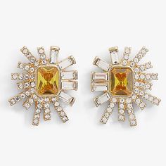 Express Rhinestone Burst Stud Earring Yellow Cubic Zirconia Party Earrings, Yellow Crystal Earrings For Party, Yellow Rhinestone Jewelry For Party, Yellow Rhinestone Party Jewelry, Line Stone, Statement Hoop Earrings, Mixed Metal Earrings, Bronze Earrings, Loop Earrings