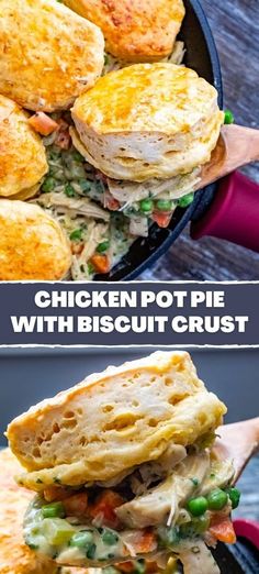 chicken pot pie with biscuit crust in a cast iron skillet