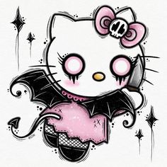 a drawing of a hello kitty holding a bat with stars around her neck and eyes