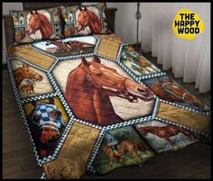 a bed with horse pictures on it and the name personalized written in gold lettering