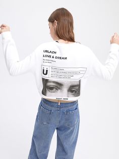 Details: Long sleeve crewneck sweatshirt in optic white 'Love & Dream' graphic printed in black on front Lord Byron graphics printed in multi on back Rib knit cuffs Slim fit Materials & Care: 100% Cotton Hand wash | Dry clean Do not bleach Size & Fit: Model is 5'7", Bust 32, Waist 24, Hips 35, wearing a size S *This item is final sale* Item #: UK4SW44 White Logo Print Sweater For Spring, White Sweater With Logo Print For Spring, White Trendy Sweater With Ribbed Cuffs, Trendy White Sweater With Ribbed Cuffs, Spring Graphic Print Crew Neck Sweater, Spring Graphic Print Relaxed Sweater, White T-shirt With Ribbed Cuffs For Spring, Trendy White Crew Sweatshirt, White Cotton Sweater With Graphic Print