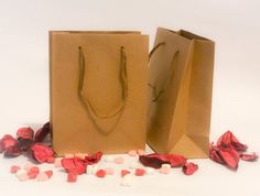 two brown paper bags sitting next to each other