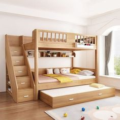 there is a bunk bed with stairs in the room