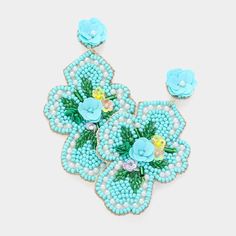 Size : 1.75" X 3" Post Back Beaded Flower-shaped Earrings For Spring, Spring Beaded Flower-shaped Earrings, Spring Flower-shaped Beaded Earrings, Summer Beaded Flower-shaped Jewelry, Summer Flower-shaped Beaded Jewelry, Turquoise Beaded Jewelry For Spring, Spring Party Beaded Earrings With Flower Shape, Spring Flower-shaped Beaded Earrings For Party, Elegant Beaded Flower Earrings For Spring