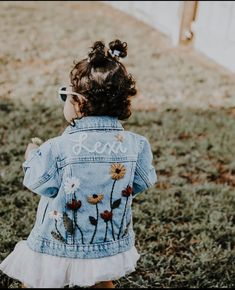 Flower Garden Jean Jacket // Toddler Hand Embroidered Denim Jacket // Girls Personalized Jacket // Custom Flower Embroidered Denim - Etsy Cute Embroidered Long Sleeve Denim Jacket, Spring Cotton Outerwear With Floral Applique, Cute Fitted Embroidered Outerwear, Cute Fitted Summer Outerwear, Spring Denim Jacket With Multicolor Embroidery, Casual Cotton Outerwear With Floral Applique, Cute Long Sleeve Denim Jacket For Spring, Cute Spring Outerwear, Jean Jacket Embellishments Ideas