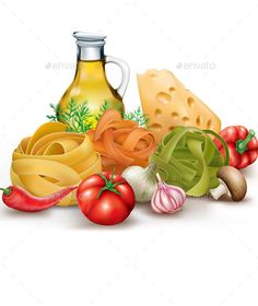 various types of food are shown in this graphic art style, including cheese, tomatoes, and other vegetables