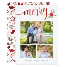 a merry holiday card with three photos and holly leaves on the bottom, in red