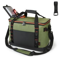 a green and black cooler bag with an orange stripe on the side, two bottles in it