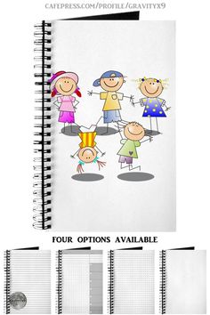 a spiral notebook with an image of children holding hands and the words four options available