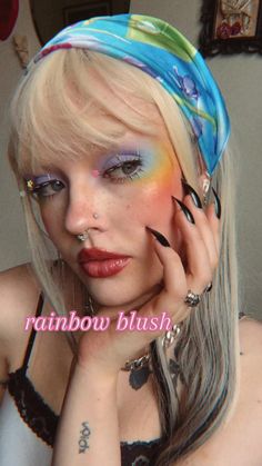 Fun Makeup Inspiration, Cute Colored Eyeliner Looks, Rainbow Highlighter Makeup, Pride Blush Makeup, Barbie Movie Makeup Ideas, Pride Fest Makeup, Soft Rainbow Makeup, Colourpop Fade Into Hue Looks