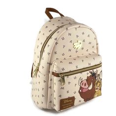 Loungefly Disney The Lion King Hakuna Matata Simba Mini Backpack Timon & Pumbaa Need help carrying your things? Hakuna Matata! It means no worries. This faux leather mini backpack from The Lion King features a toss print of letters that spell out "Hakuna Matata." The front zipper pocket has an image of Pumbaa, Timon and young Simba. Adjustable straps, interior zipper pocket and gold tone hardware. 9" x 4 1/2" x 10 1/2" Polyurethane Brand New! Disney Leather Backpack For Disney Trips, Disney Leather School Backpack, Disney Leather Backpack For School, Brown Disney Backpack, Disney Style Brown Backpack For Disney Trips, Senior Trip Outfits, Young Simba, Lion King Hakuna Matata, Disney The Lion King