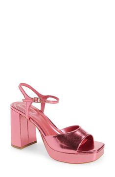 Elevate your evening-out or date-night look with this square-toe sandal lifted on a platform and chunky block heel. 3 3/4" heel; 1" platform (size 8.5) Adjustable strap with buckle closure Synthetic upper, lining and sole Imported Evening Block Heels With Rectangular Buckle Closure, Evening Sandals With Rectangular Buckle, Party Square Toe Block Heels With Reinforced Heel, Party Block Heels With Reinforced Heel And Square Toe, Glamorous Leather Sandals With Square Toe, Glamorous Leather Square Toe Sandals, Party Platform Sandals With Square Toe, Pink Block Heel Sandals With Buckle Closure, Glamorous Sandals With Chunky Platform And Block Heel