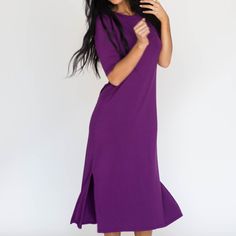 The Lee Dress Is The Perfect Dress To Show Off Your Natural Beauty. It's Comfortable With A Very Feminine Timeless, Yet Trendy Vibe. Size - Xs, Eggplant Purple, Made In The Usa, Brand New With Tags Feel Free To Contact Me Anytime If I Can Answer Any Additional/More Specific Questions Regarding Sizing Of Specific Items - Many Times The Sizing Will Also Work For People Who Aren’t Typically In The Range On The Chart As Many Of Our Fabrics Have A Different, More Forgiving Fit. Reach Out To Me And I A-line Dress With Side Slits, Purple A-line Midi Dress For Fall, Fitted A-line Dress With Side Slits, Knee-length Stretch Dresses With Side Slits, Stretch Dress With Side Slits, Elegant Short Sleeve Maxi Dress, Fitted Purple Midi Dress With Short Sleeves, Fitted Maxi Length Loungewear Dresses, Purple Fitted Midi Length Dress