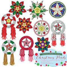 christmas wreaths and ornaments are shown in the shape of stars, circles, and ribbons