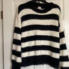 Nwot Black And White Fuzzy Stripe Sweater Sz Xl A New Day Brand Black And White Sweater, Black And White Sweater Outfit, White Sweater Outfit, Black Jumper, Stripe Outfits, Walker Boots, A New Day, White Sweaters, Fit N Flare Dress