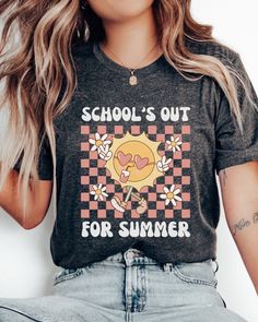 These shirts are the ultimate celebration of the end of the school year! Featuring a charming retro sun character and the catchy phrase 'School's Out For Summer,' they're perfect for teachers looking to rejoice in style as they bid farewell to another successful academic year. ☀️ 😎 👕 BELLA CANVAS UNISEX T-SHIRT DETAILS 👕 * Material: Super soft cotton for unmatched comfort. * Style: Unisex fit for versatile wear. * Note: Rolled sleeves in pictures are for styling purposes only. Props used in p Sun Character, Schools Out For Summer, Last Day Of School Shirt, Teacher Summer, Retro School, School's Out For Summer, Catchy Phrases, Summer Tshirt, Retro Sun