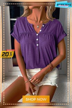 Women's Knit Short Sleeve Half Cardigan T-shirt Casual Purple Short Sleeve Top, Casual Purple T-shirt For Fall, Casual Purple Knit Top, Purple V-neck Top, Cotton Knit Top With Short Sleeves, Relaxed Fit, Casual Purple V-neck Top, Henley Neckline T-shirt With Buttons For Spring, Purple V-neck Solid Top, Purple V-neck Solid Color Top