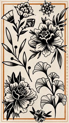 tattoo designs made by me. Would love to tattoo them :) American Traditional Tattoo Background, Pecan Tattoo, Traditional Style Flower Tattoo, Small Traditional Flower Tattoo, Traditional Tattoo Patchwork, Floral Traditional Tattoo, Traditional Japanese Flower Tattoo, American Trad Flower