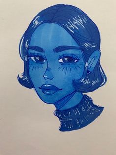 a drawing of a woman with blue hair