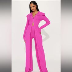 Nwt Fashionova Fuschia “Sort Through It” Stretch Ribbed Jumpsuit Double Front (2way) Zipper Wide Leg Invisible Zipper Is Back Button Area Cut Out Back Exaggerated Collar 95% Polyester 5% Spandex Size Small Pink Fitted Pantsuit For Night Out, Fitted Long Sleeve Jumpsuits And Rompers Matching Set, Fitted Two-piece Pantsuit For Party, Two-piece Jumpsuits And Rompers For Night Out, Fitted Solid Color Matching Set Bottoms, Fitted Loungewear Jumpsuits And Rompers Matching Set, Chic Fitted Matching Set Jumpsuits And Rompers, Solid Color Fitted Two-piece Jumpsuits And Rompers, Fitted Two-piece Jumpsuits And Rompers For Party