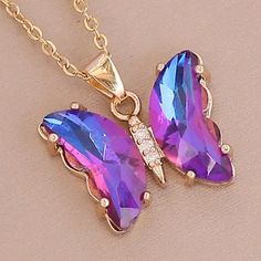 Gold & Purple Crystal Butterfly Necklace, New Statement Everyday Necklace, Gift Elegant Purple Butterfly Necklace For Gift, Elegant Purple Butterfly Necklace Gift, Purple Butterfly Charm Jewelry For Party, Purple Pendant Jewelry For Party, Purple Clavicle Chain Pendant Necklace, Party Purple Clavicle Chain Necklaces, Purple Pendant Necklace For Mother's Day, Crystal Butterfly Necklace, Crystal Butterfly