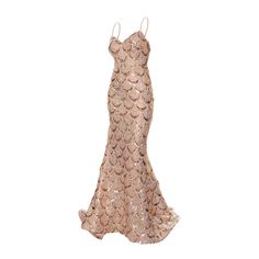 Step into the spotlight with the Dalmatino Sequin Gown. This breathtaking dress features delicate champagne sequins arranged in an elegant scale pattern, offering a mermaid-inspired silhouette. With spaghetti straps and a form-fitting design, it's perfect for formal occasions where sophistication and glamour are a must. The Dalmatino gown is designed to make you feel like a star, ensuring you stand out at any event. COMPOSITION: 100% polyester.  Hand wash with neutral soap, without twisting the garment to avoid damage. If necessary, iron to the minimum, with the garment inside out (it is advisable to place a scarf over the garment to protect it from heat). Champagne Sequined Mermaid Dress For Prom, Champagne Sequined Mermaid Prom Dress, Champagne Sequined Floor-length Mermaid Dress, Champagne Floor-length Sequined Mermaid Dress, Glamorous Champagne Mermaid Dress With Fitted Bodice, Glamorous Gold Sequin Mermaid Dress, Glamorous Gold Mermaid Dress With Sequins, Champagne Mermaid Dress For Evening, Glamorous Champagne Mermaid Dress For Prom