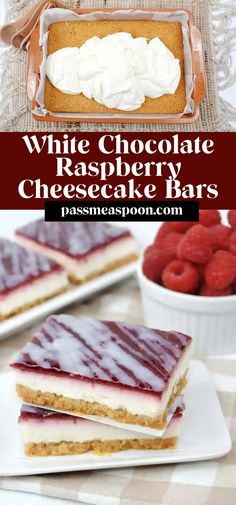 white chocolate raspberry cheesecake bars with raspberries on top and in the background