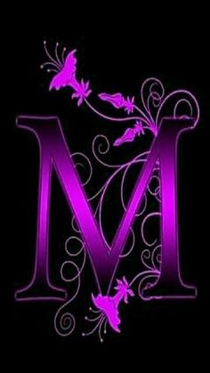 the letter m is decorated with purple flowers and vines on a black background for an elegant monogram