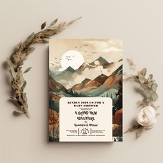 a flyer for an adventure event with mountains in the background and birds flying over it