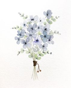 a watercolor painting of blue flowers in a vase