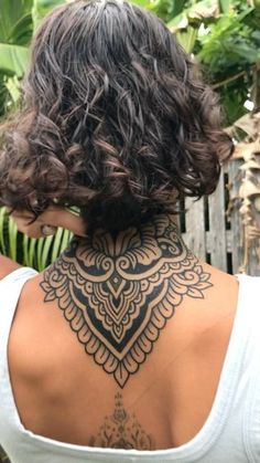 Nape Tattoo Coverup, Coverup Back Tattoos, Back If Neck Tattoos Women, Womens Tattoos Back, Womens Back Of Neck Tattoo, Ornamental Tattoo Neck, Ornamental Back Tattoo Design, Boho Shoulder Tattoo