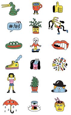 an assortment of cartoon stickers on a white background