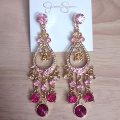 Brand New In Original Packaging Pink Drop Chandelier Earrings For Party, Pink Dangle Chandelier Earrings For Pierced Ears, Earrings Y2k, Gold Chandelier Earrings, Pretty Jewelry, Gold Chandelier, Pink Crystal, Pretty Jewellery, Curvy Fashion