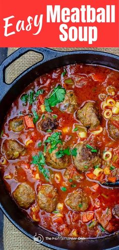 one pot meatball soup in a cast iron skillet with the title above it