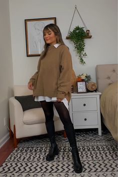 Teacher Tights Outfit, Big Sweater With Tights, Black Tights Outfit Midsize, Tights Leggings Outfit, Bodycon Dress With Stockings Outfit, How To Wear Tights, Tights Outfits Aesthetic, Sweater Tights Outfit, Black Sheer Tights Outfit