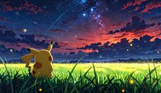 pikachu looking up at the stars in the night sky with grass and flowers