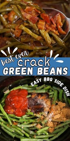 green beans with sauce and seasoning in a skillet on the side, next to an advertisement for best ever crock green beans