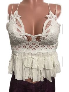 Free People White Adella Crochet Ruffle Crop Cami Top Nwt Spring Break Fairycore | eBay Feminine Lace Crochet Top For Vacation, Spring Beach Crochet Top With Ruffles, Bohemian Crochet Top With Ruffles For Beach, Ruffled Crochet Top For Spring Vacation, Bohemian Ruffled Lace Top For Summer, Bohemian Lace Top With Ruffles For Summer, Lace Tops With Ruffles For Vacation, Spring Vacation Crochet Top With Ruffles, Summer Vacation Crochet Top With Ruffles