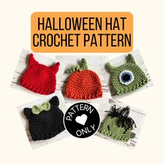 This Halloween hat collection features a basic beanie pattern in 3 sizes, with a collection of features that allow you to create a kitty, a devil, a pumpkin, an alien, or a Frankenstein monster! Pattern also includes a little bow, which can be added to any hat. Suggestions are also given for additional sizing adjustments. These character hats work up quickly, and are perfect for a seasonal gift, photo shoot, or adorable pregnancy or birth announcement. You'll want to make them all! SIZING - Recommend approximately 1-2 inches of negative ease. Newborn (13" x 5") 6-12m (16" x 6.5") Child (18 x 7") SUPPLIES NEEDED Notions - Scissors, measuring tape, stitch marker, and darning needle.   Hook - 6.0 mm (J) and 5.50mm (I) hooks or as needed for gauge Yarn - Worsted weight in one or more colors as Crochet Halloween Hat, Baby Pumpkin Costume, Costume Crochet, Darning Needle, Crochet Monster, Crochet Character Hats, Monster Pattern, Baby Pumpkin, Frankenstein Monster