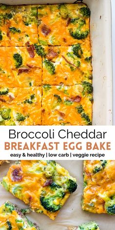 broccoli cheddar breakfast egg bake with turkey bacon in a casserole dish