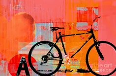 an abstract painting of a bicycle with the letter a on it's front wheel