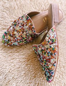 Confetti Slides – Llani Trendy Flat Heel Mules For Party, Pink Mules For Spring Party, Pink Mules For Party And Spring, Spring Evening Embellished Mules, Multicolor Summer Mules For Party, Multicolor Mules For Summer Party, Summer Multicolor Party Mules, Summer Party Multicolor Mules, Trendy Flat Mules For Party